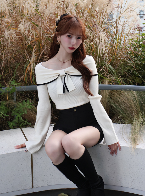 配色リボンニットトップス