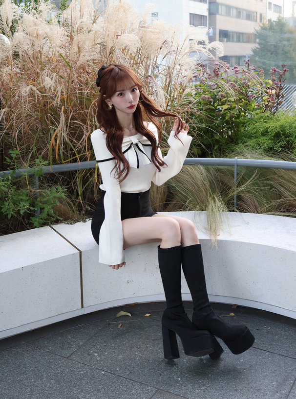 配色リボンニットトップス