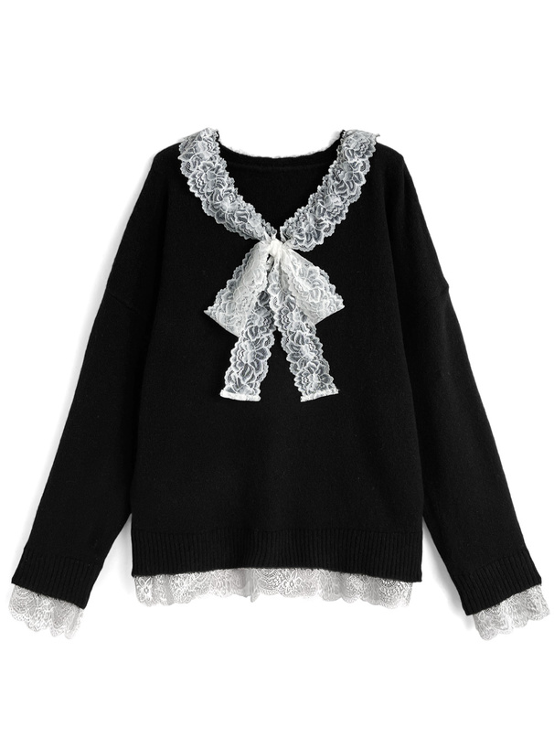 レースリボンVネックニットトップス