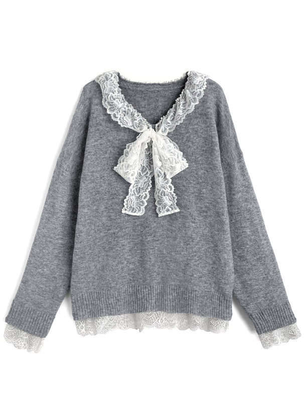 レースリボンVネックニットトップス