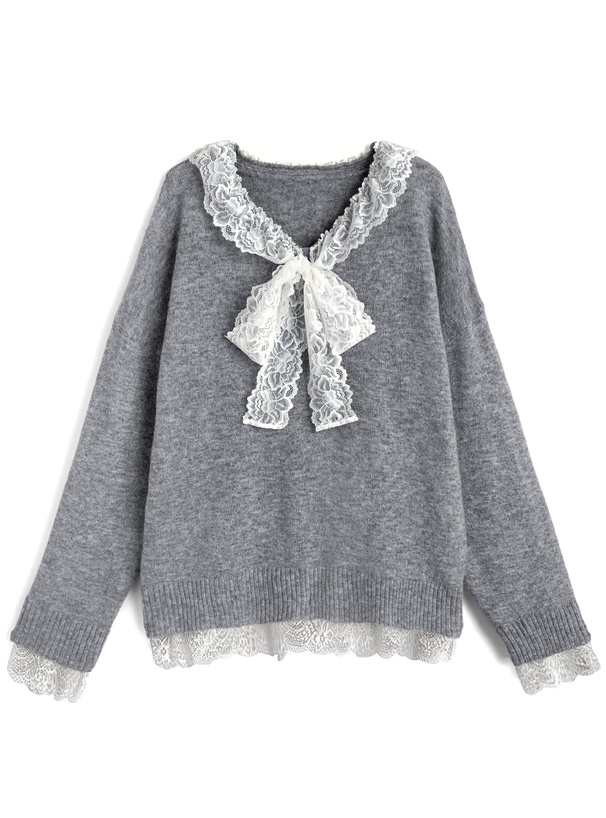 レースリボンVネックニットトップス