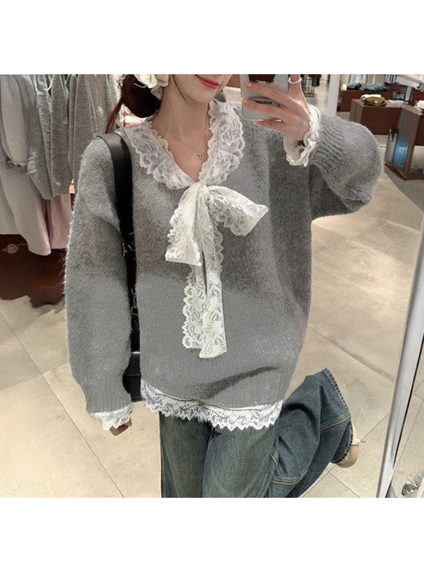 レースリボンVネックニットトップス