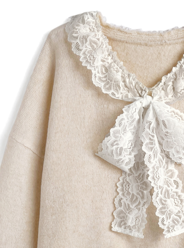 レースリボンVネックニットトップス