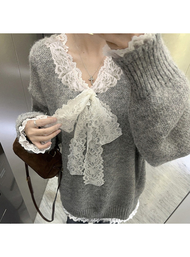 レースリボンVネックニットトップス