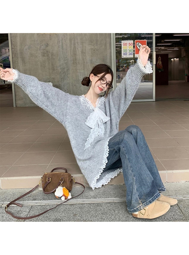 レースリボンVネックニットトップス