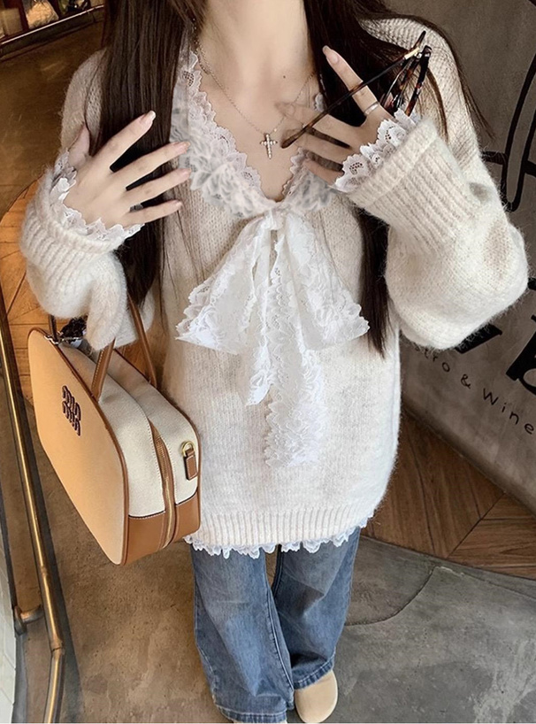 レースリボンVネックニットトップス