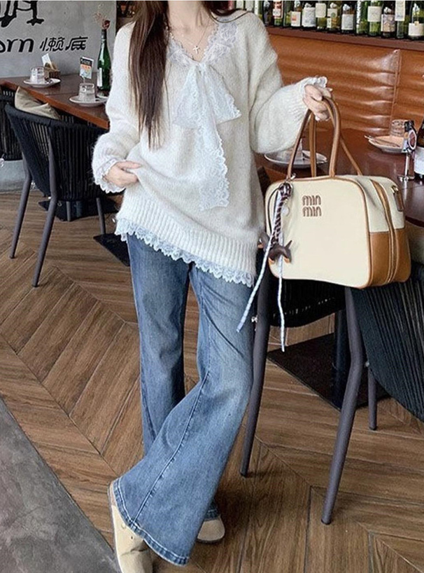 レースリボンVネックニットトップス