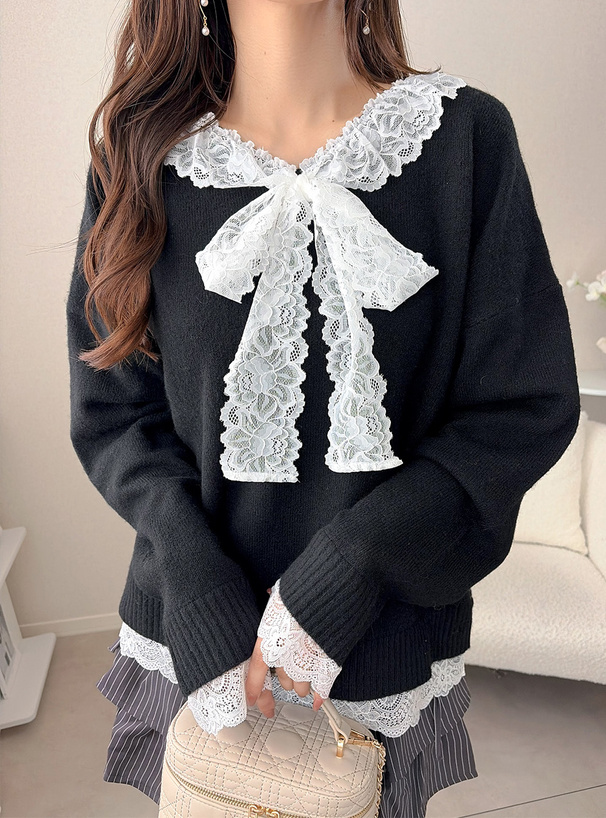 レースリボンVネックニットトップス