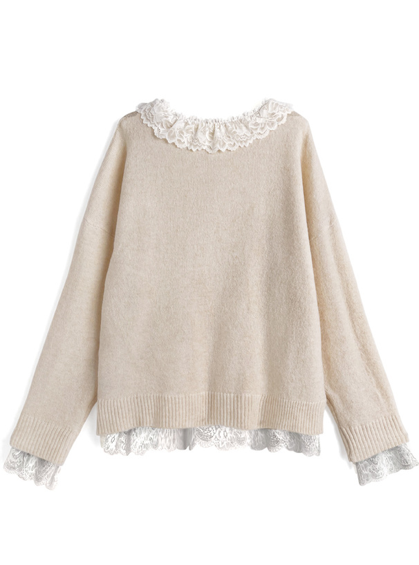 レースリボンVネックニットトップス