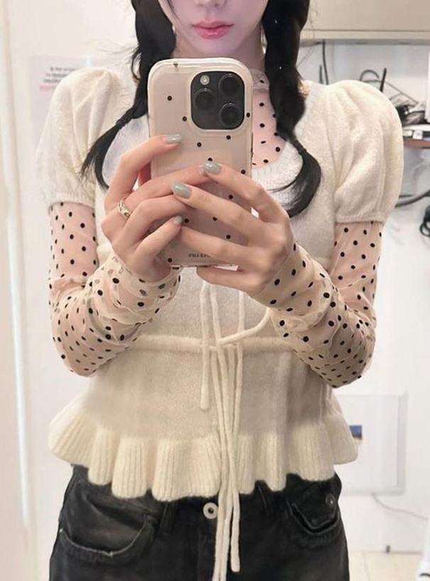 ドット柄シアートップス×リボンニットトップスアンサンブル