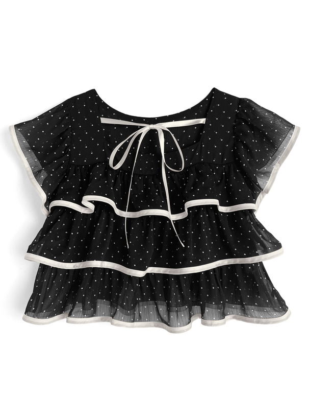 ドット柄ティアードフリルリボンシアートップス