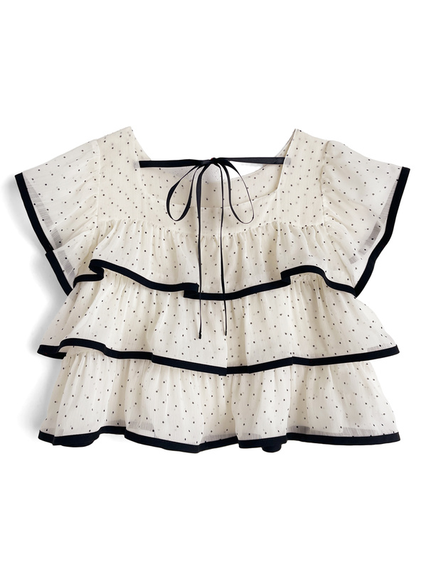 ドット柄ティアードフリルリボンシアートップス
