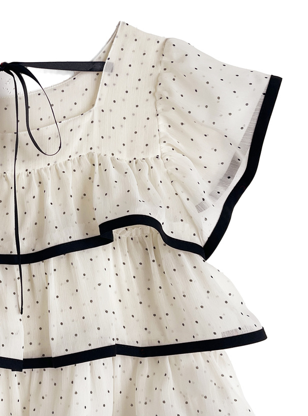 ドット柄ティアードフリルリボンシアートップス