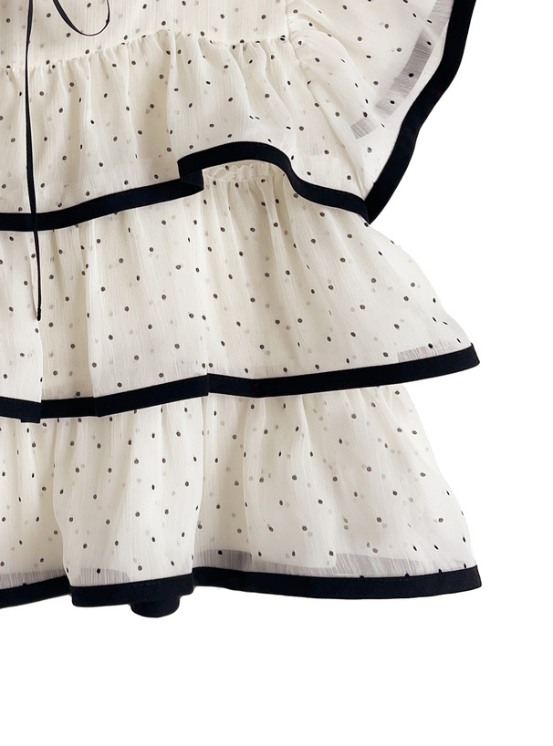 ドット柄ティアードフリルリボンシアートップス