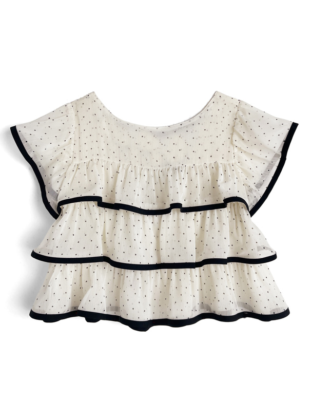 ドット柄ティアードフリルリボンシアートップス