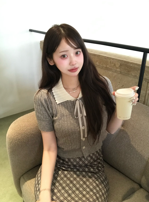 配色カラーリボンニットカーディガン