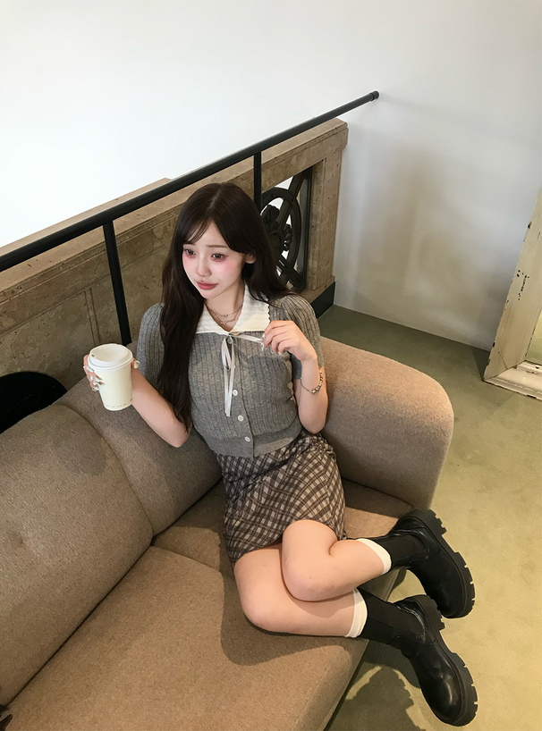配色カラーリボンニットカーディガン