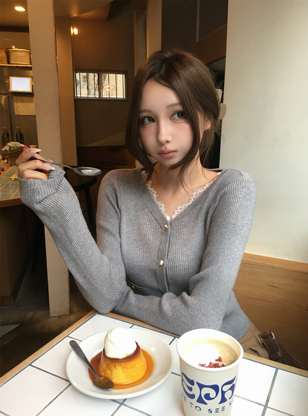 レースVネックリブニットカーディガン