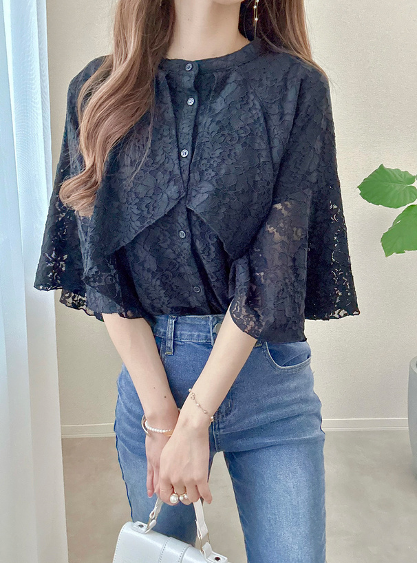 花柄レースフレアスリーブケープ風ブラウス