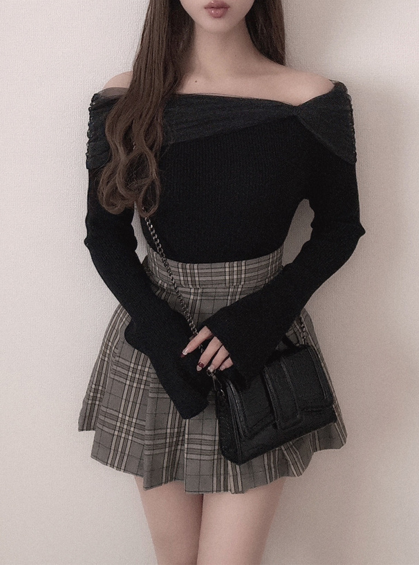 チュールオフショルダーリブニットトップス