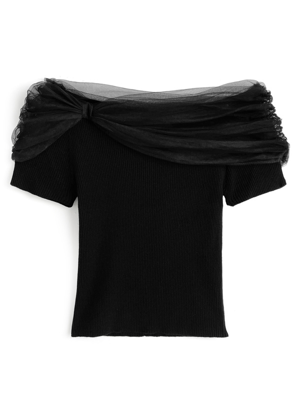 チュールオフショルダーリブトップス