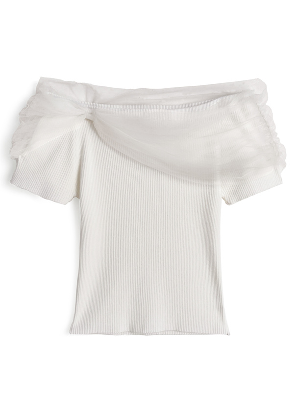 チュールオフショルダーリブトップス