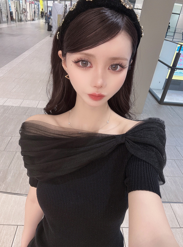 チュールオフショルダーリブトップス