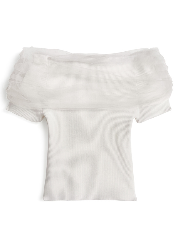 チュールオフショルダーリブトップス