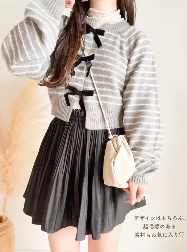 ボーダー柄リボンニットカーディガン[gf88] | レディースファッション