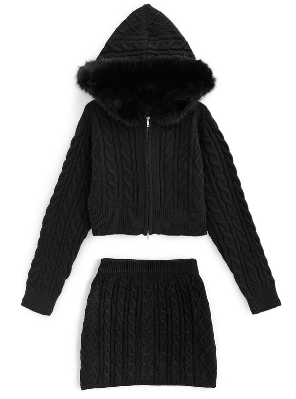 ケーブル編みファーニットパーカー×ミニスカートセットアップ