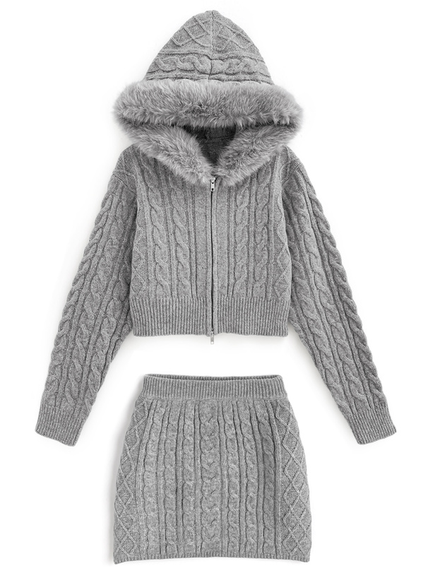 ケーブル編みファーニットパーカー×ミニスカートセットアップ