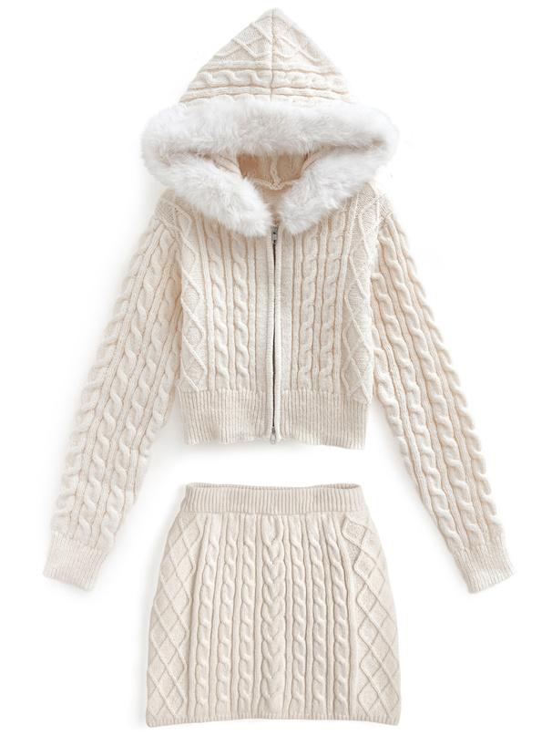 ケーブル編みファーニットパーカー×ミニスカートセットアップ