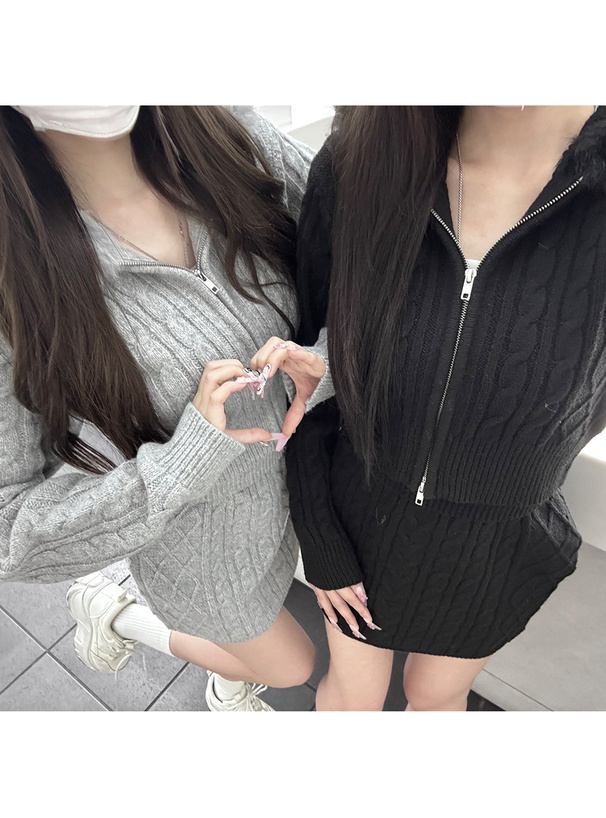 ケーブル編みファーニットパーカー×ミニスカートセットアップ