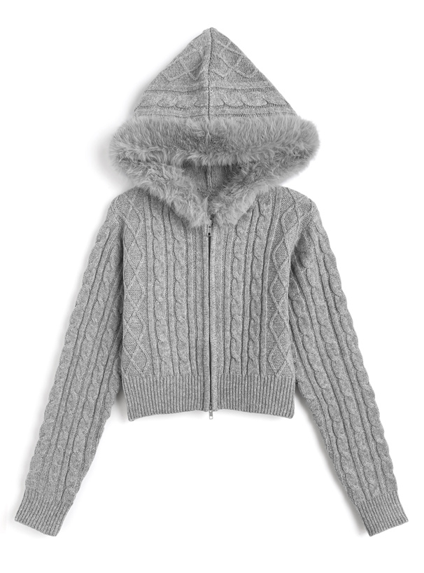 ケーブル編みファーニットパーカー×ミニスカートセットアップ