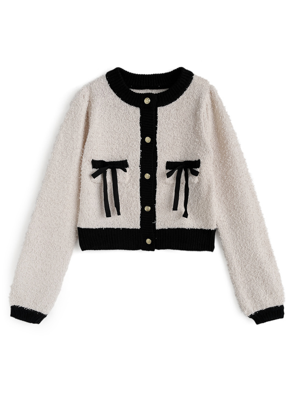 ダブルリボン配色ニットカーディガン