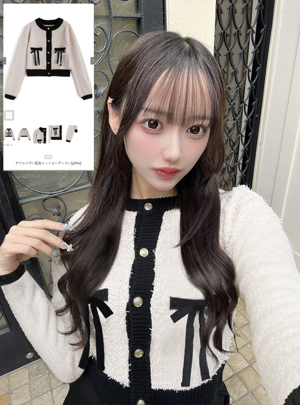 ダブルリボン配色ニットカーディガン