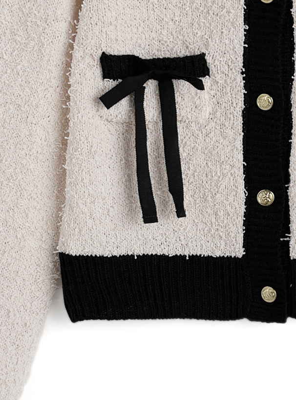 ダブルリボン配色ニットカーディガン