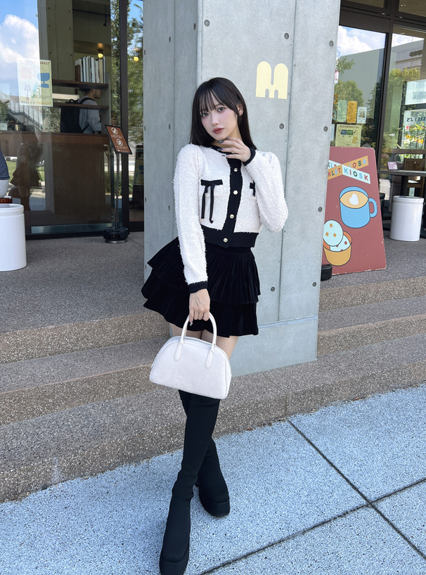 ダブルリボン配色ニットカーディガン