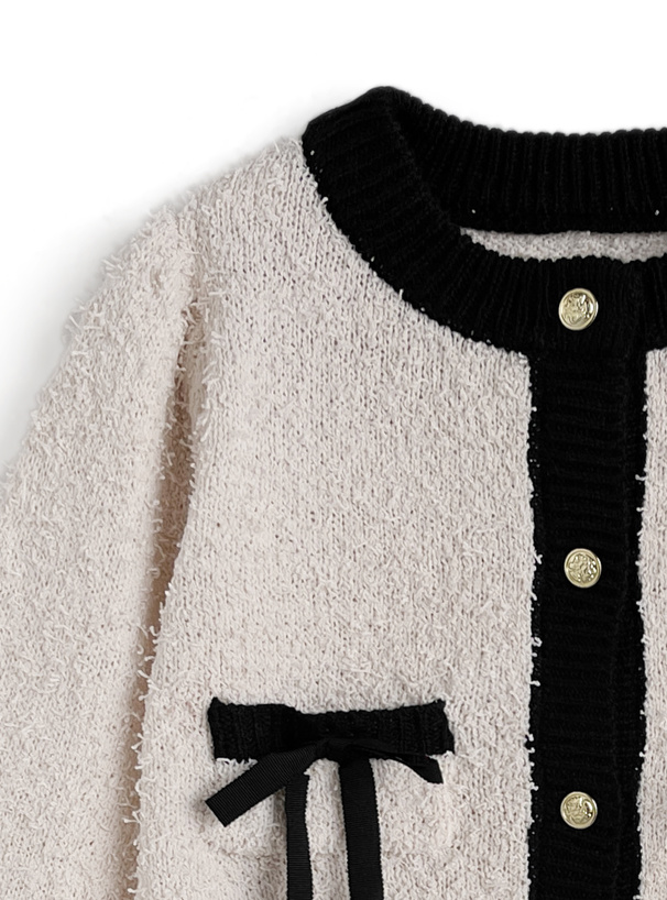 ダブルリボン配色ニットカーディガン