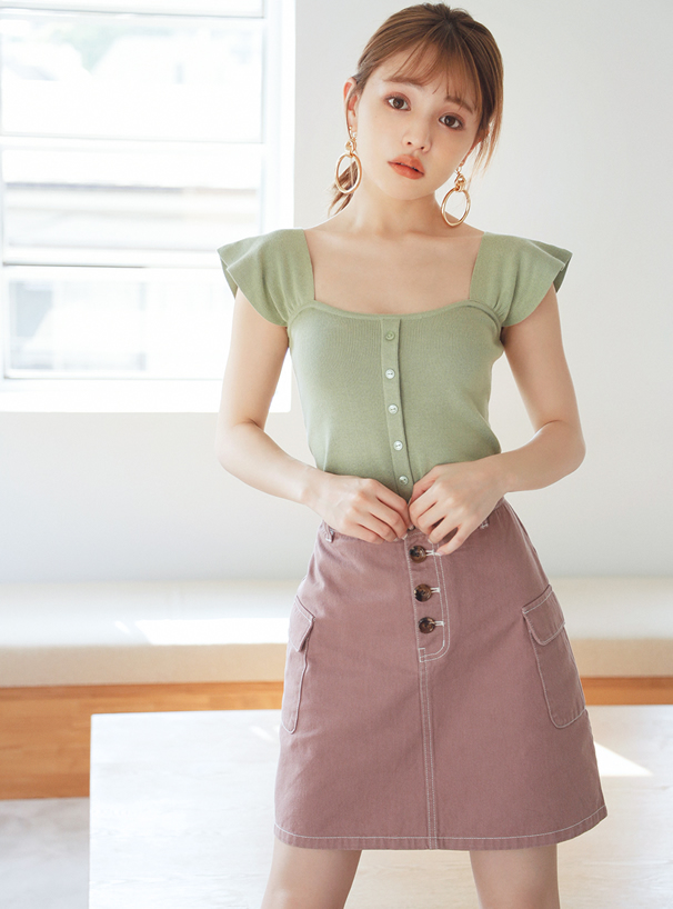 配色ステッチポケットデザイン台形スカート