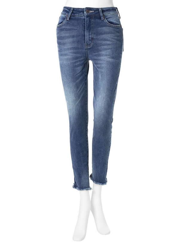フリンジヘムストレッチデニムパンツ