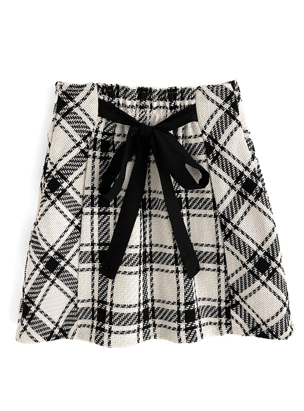 バックリボンツイードチェックミニスカート