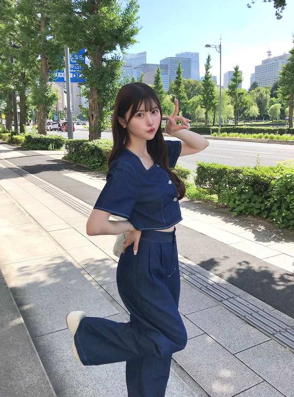 セットアップ デニム スクエアネック トップス ワイドパンツ スクエアネックトップス×ワイドパンツデニムセットアップ[gm758