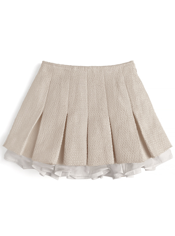 インパン裏地付きフリルツイードプリーツミニスカート