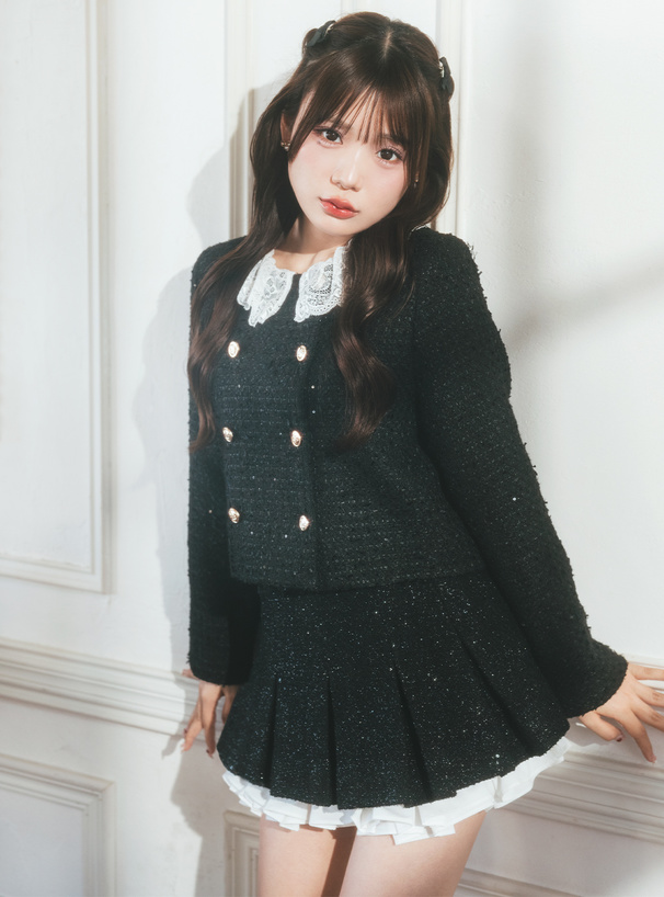 インパン裏地付きフリルツイードプリーツミニスカート