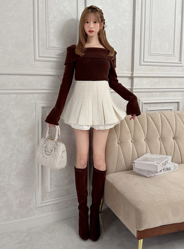 インパン裏地付きフリルツイードプリーツミニスカート[gm838