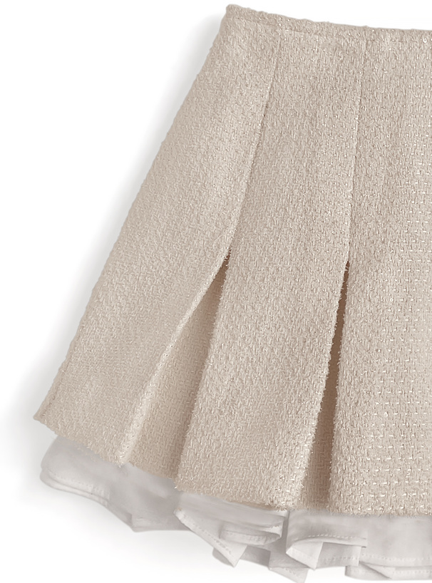 インパン裏地付きフリルツイードプリーツミニスカート