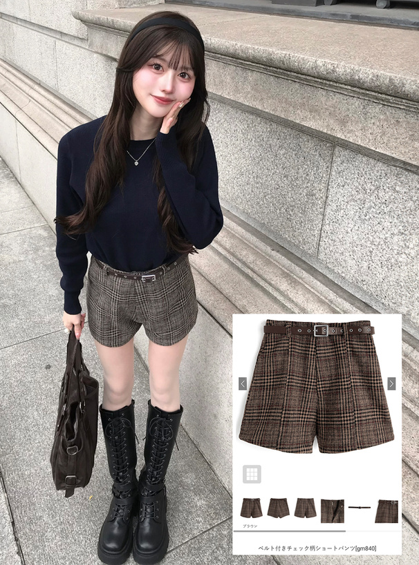 ベルト付きチェック柄ショートパンツ[gm840] | レディースファッション