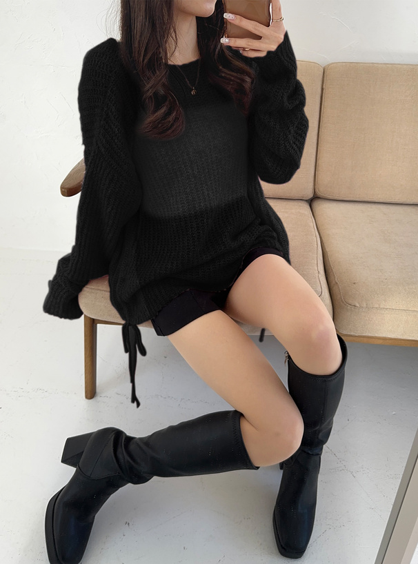 透かしニットサイドドロストトップス
