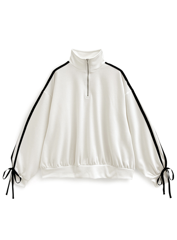 袖リボンハーフジップスウェットトップス